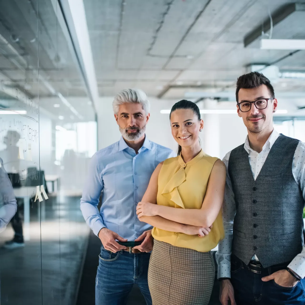 A group of business people standing in an office, looking at camera.